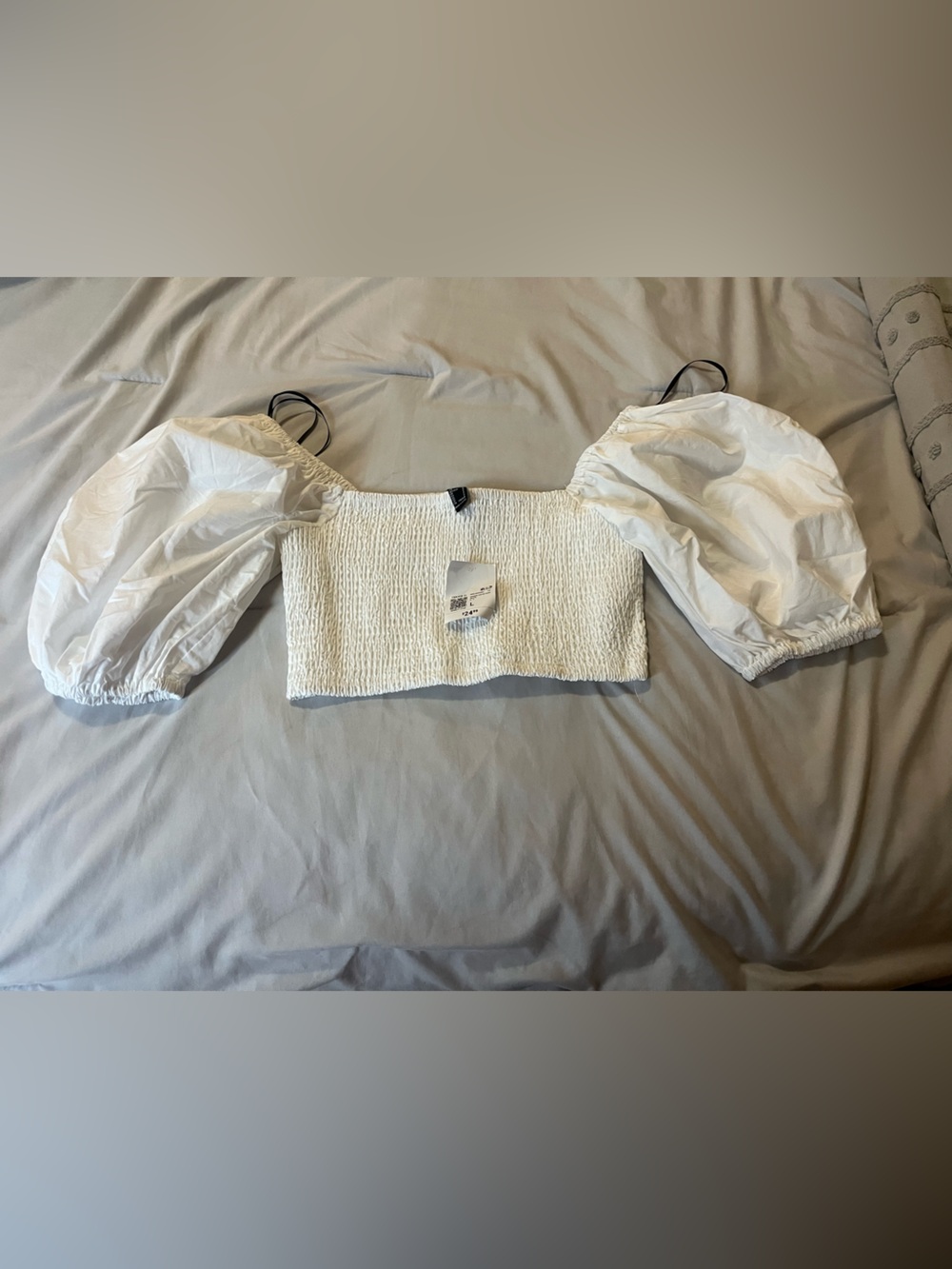 Forever 21 White Smocked Top with Puff Sleeves